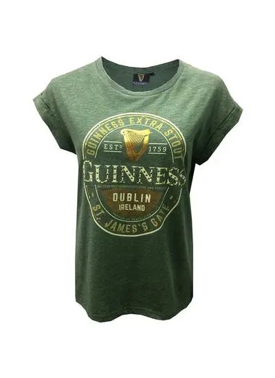 Ladies Guinness Label Moss Green Stud T-Shirt